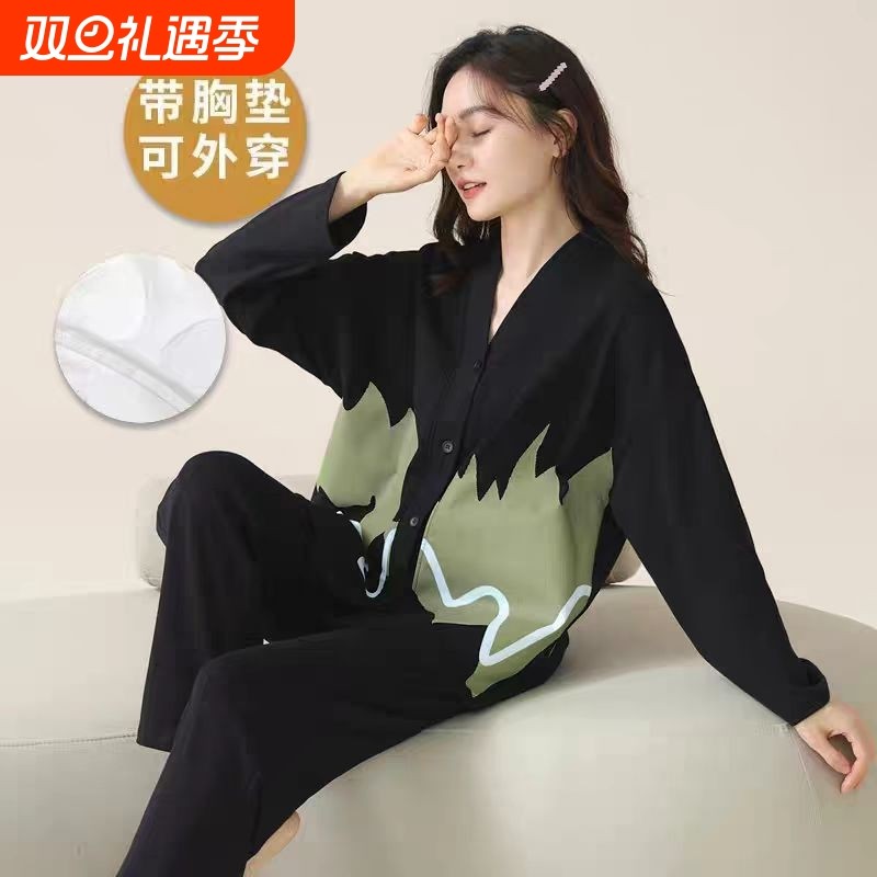 睡衣女款2025新款两件套装带胸垫大码高级感长袖家居服秋可外穿