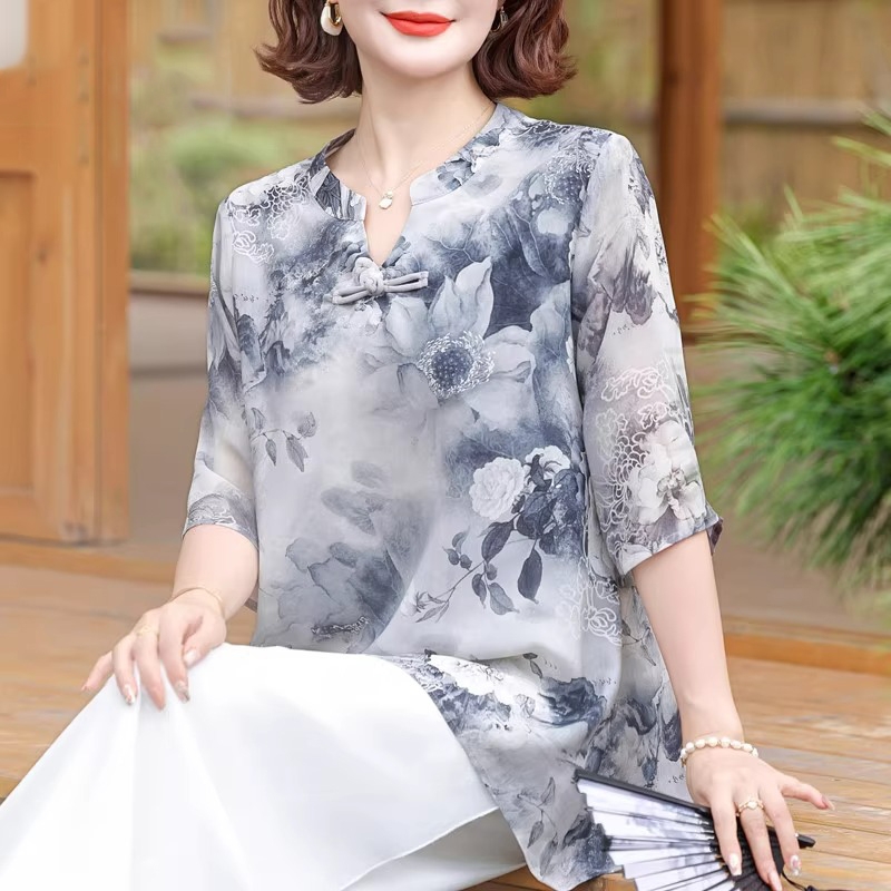 母亲节妈妈夏装雪纺小衫中老年女中式国风套装夏季大码薄t恤上衣
