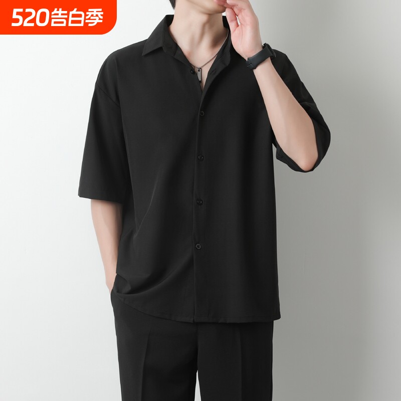 黑色衬衫男士短袖冰丝夏季宽松潮牌港风垂坠感高级感衬衣外套免烫