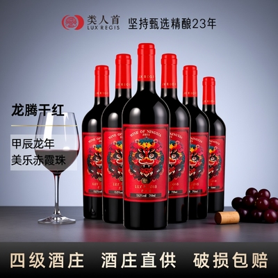 类人首 宁夏红酒贺兰山东麓龙腾美乐橡木桶干红葡萄酒750ml*6支装