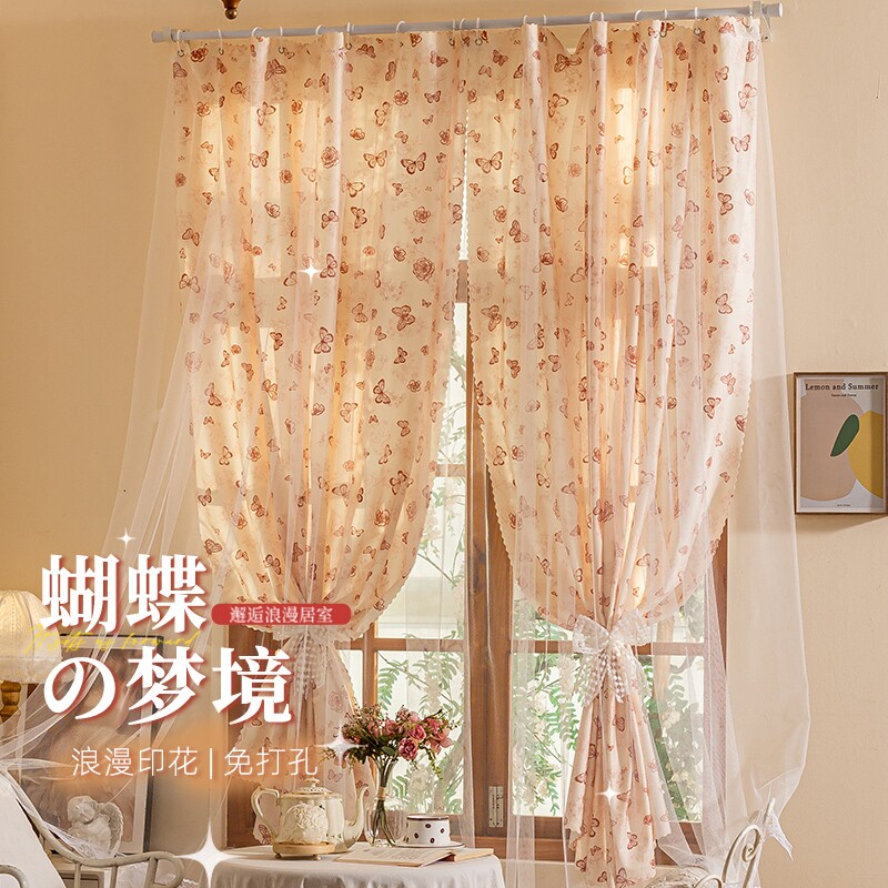纱帘2025新款法式梦幻窗帘免打孔儿童房卧室遮光帘印花门帘遮挡帘