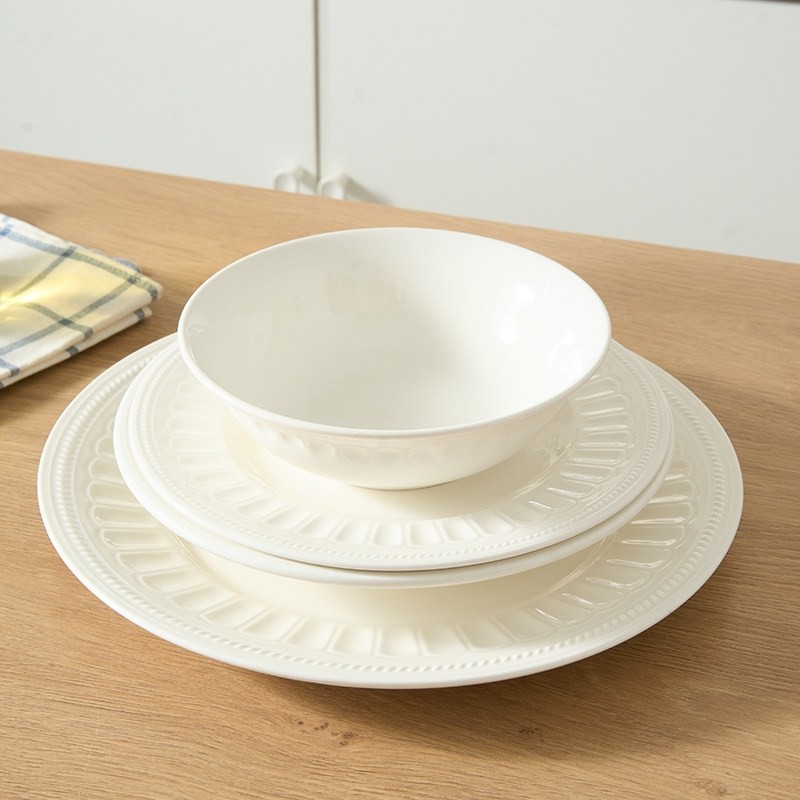 简约欧式浮雕盘家用菜盘轻奢复古浮雕陶瓷餐具西餐盘草帽碗浮雕碗