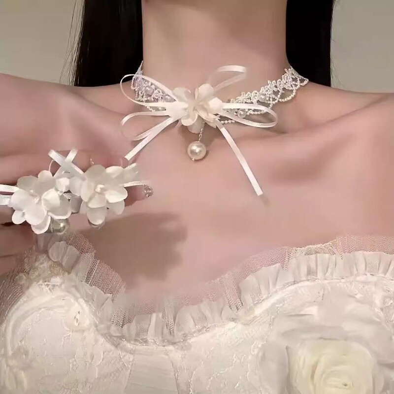 森系花朵流苏锁骨链甜美新娘颈链高级感婚纱礼服造型套装白色法式