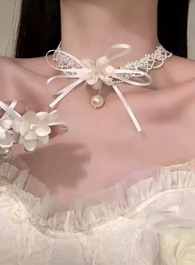 森系仙气花朵流苏锁骨链气质甜美新娘颈链高级感婚纱礼服造型套装