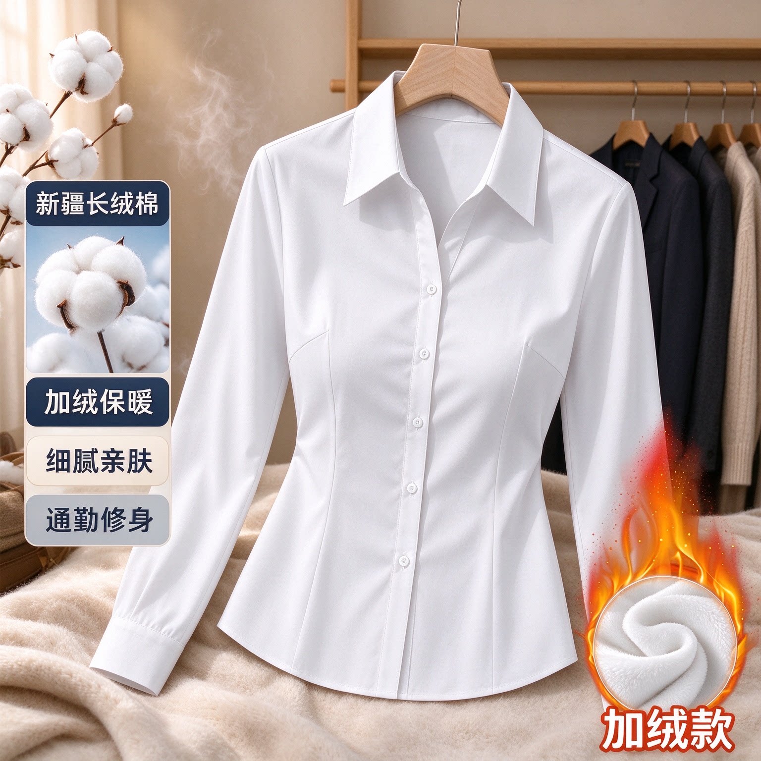 女士加绒加厚白衬衫长袖秋冬款修身显瘦职业正装保暖打底衬衣工装