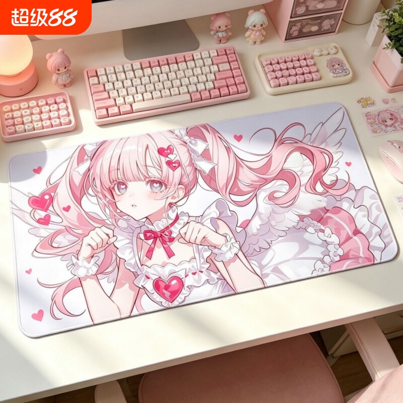 日系二次元美少女大号鼠标垫锁边防滑电竞办公书桌电脑键盘桌垫