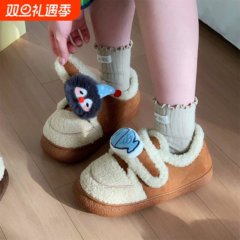 细细条 可爱外穿魔术贴棉鞋女防滑百搭企鹅小鱼冬季休闲豆豆鞋ins