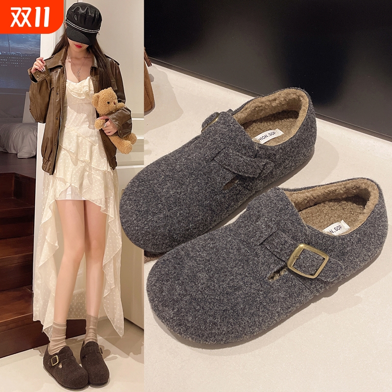 毛呢小土豆内增高一脚蹬加绒勃肯鞋女2025秋冬保暖棉鞋灰色毛毛鞋