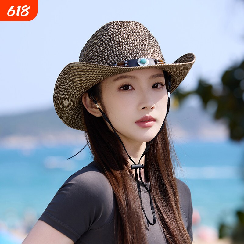新款大帽檐藏族草帽子女夏季海边沙滩度假遮阳西部牛仔帽可折叠