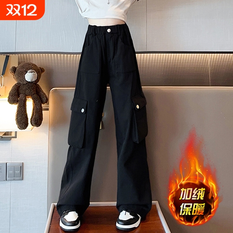 女童加绒裤子秋冬运动裤2025新款女孩中大童工装裤潮黑色红色双11