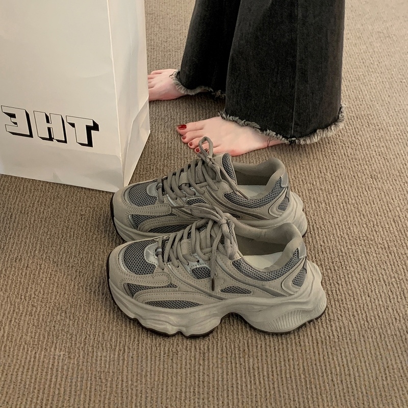 复古厚底灰色老爹鞋女款2025新款秋冬网面透气显脚小休闲运动鞋子
