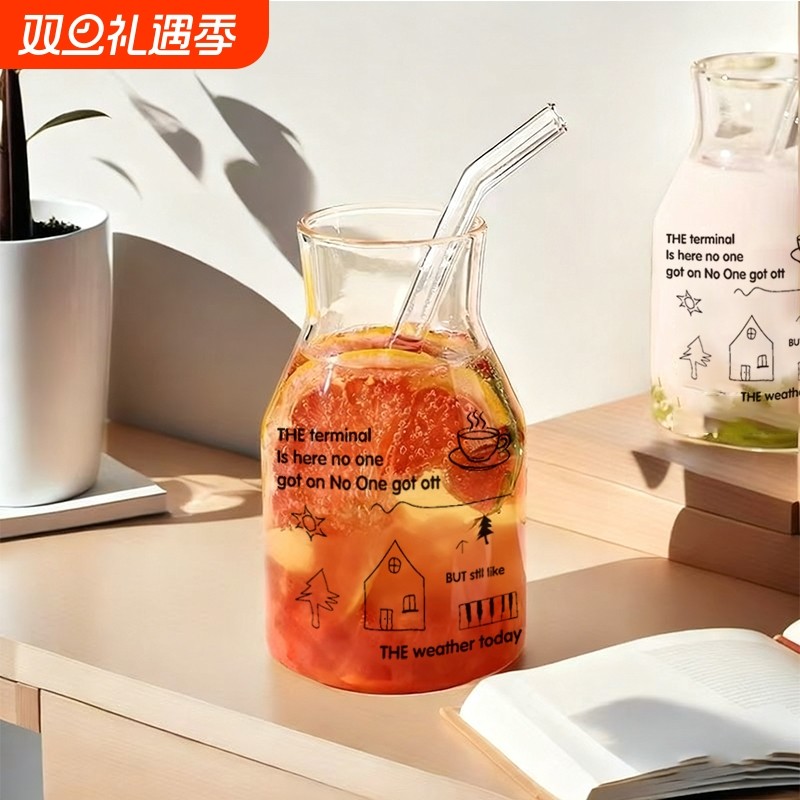 ins风爆款耐热玻璃牛奶咖啡杯子果汁冷饮吸管杯大容量印花情侣杯