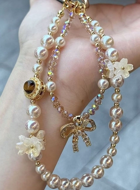 复古美拉德虎眼色香槟串珠手机链DIY轻奢手机挂饰小众包挂件挂链