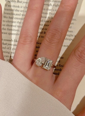 925法式中古风复古水滴方钻双石戒指精致几何高级精致大方食指戒