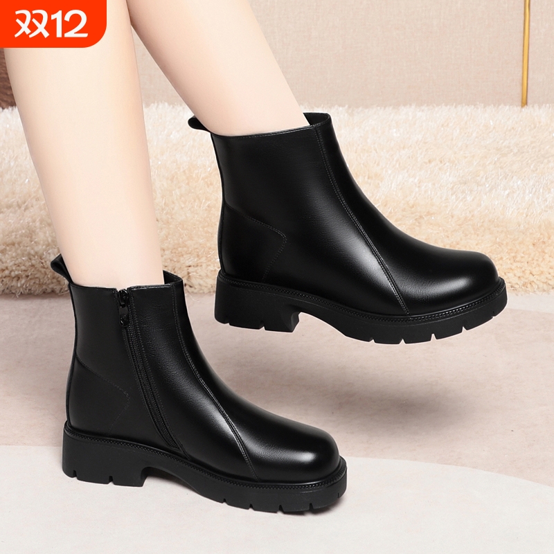 他她女孩黑色法式小短靴粗跟工装靴女皮鞋工作鞋女鞋加绒及踝靴女