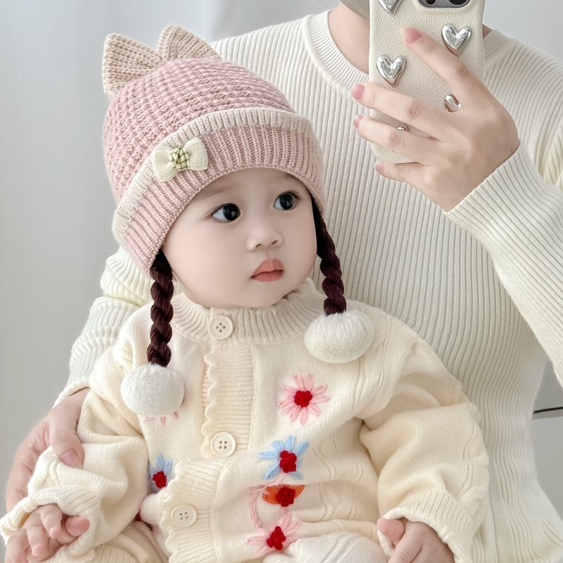 婴儿帽子秋冬季女孩甜美洋气针织辫子帽女宝宝冬天保暖护耳毛线帽