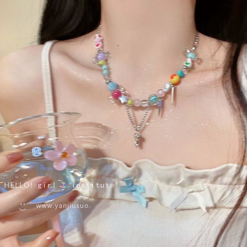 !敲适合夏天滴彩虹糖果项链女小众配饰甜酷辣妹锁骨链潮笑脸串珠
