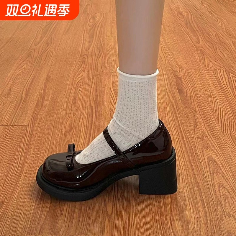 jk英伦风小皮鞋法式高跟黑色鞋子玛丽珍鞋女洛丽塔女鞋单鞋粗跟