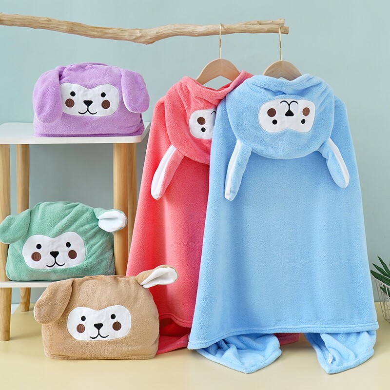 珊瑚绒儿童带帽斗篷披风男女童可穿可裹洗澡浴巾吸水柔软卡通浴袍