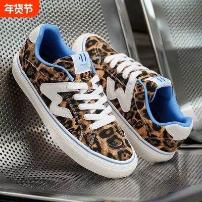 35-42大码女鞋豹纹印花秋冬季校园风W帆布拼接低国潮滑板鞋子女
