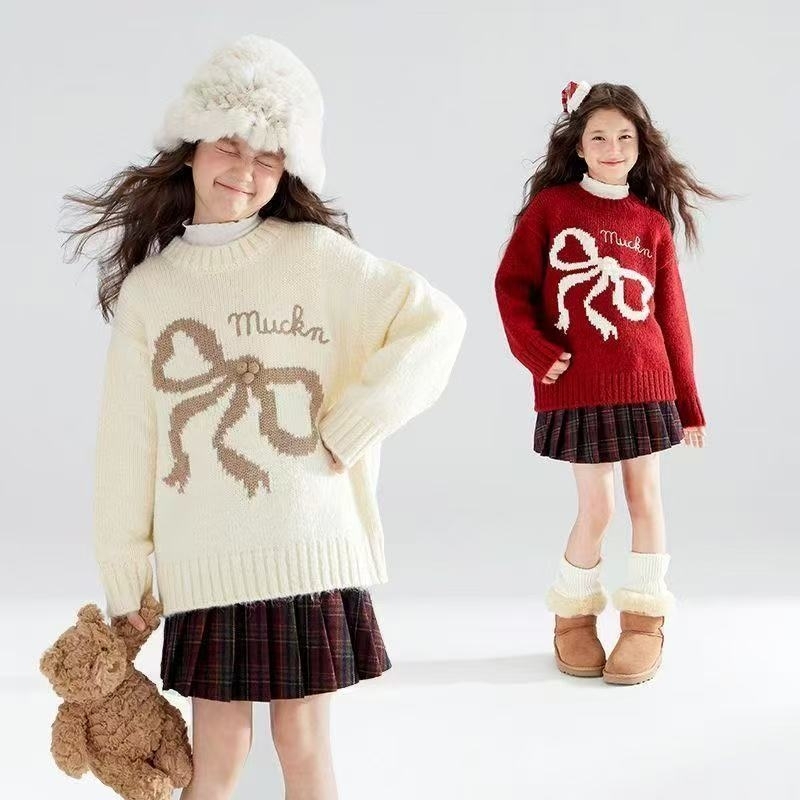 女童毛衣秋冬2025新款儿童上衣女冬季加厚羊毛衫红色针织蝴蝶结