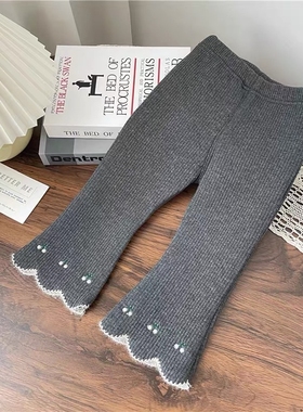 喇叭裤秋款韩版洋气宝宝刺绣加绒百搭打底裤外穿M252黑色米色灰色