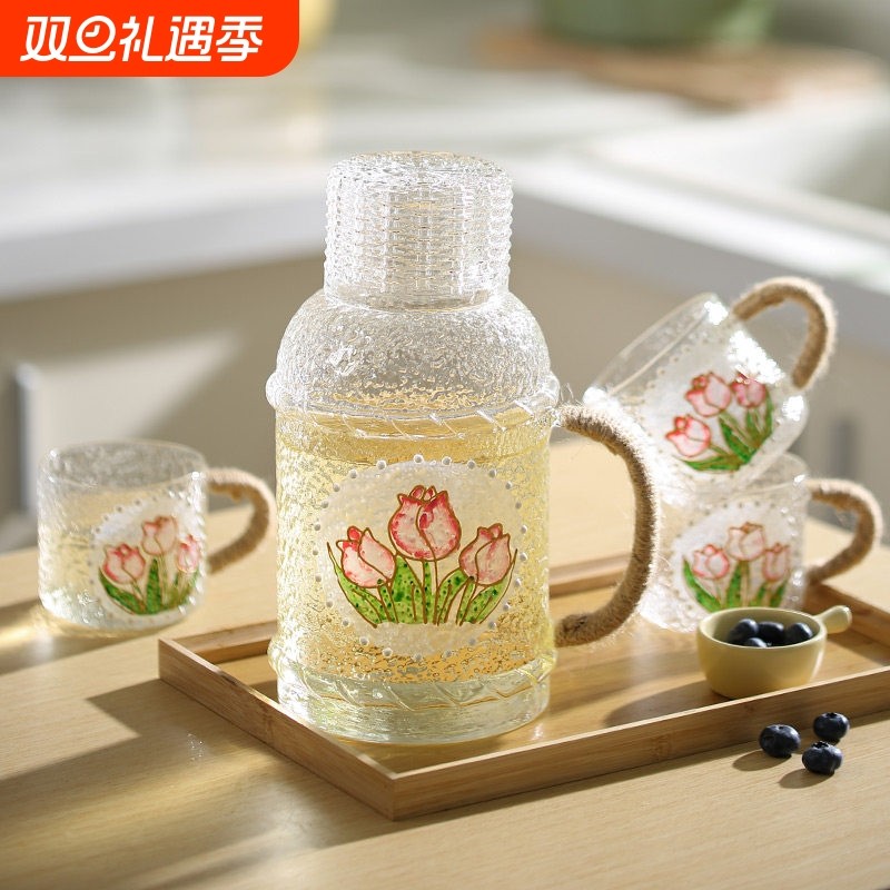 复古彩绘锤纹麻绳玻璃冷水壶耐高温家用凉水壶杯子套装高颜值茶壶