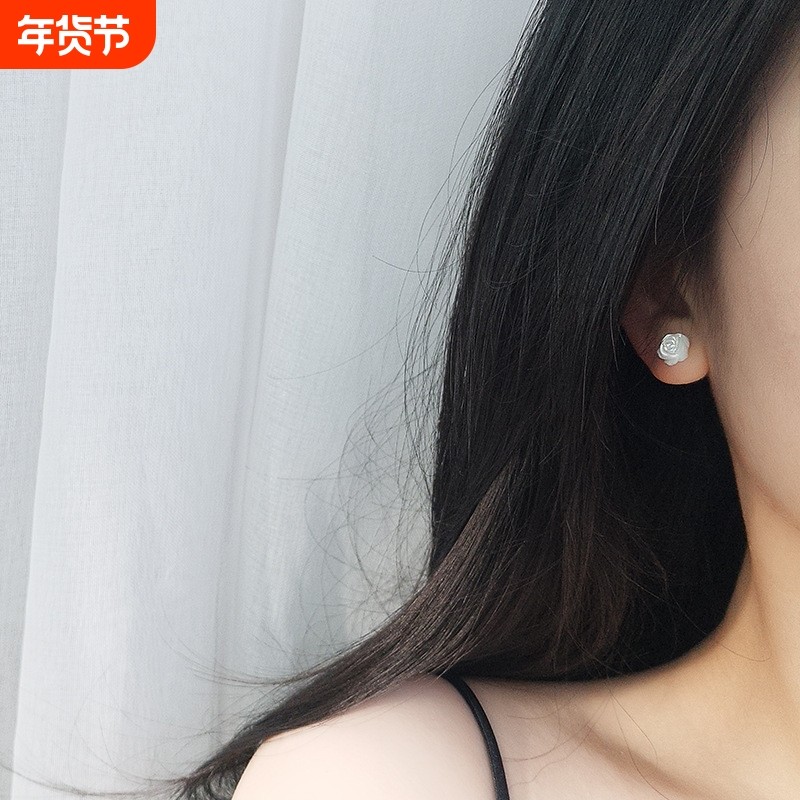 s925纯银白贝壳山茶花耳钉小巧精致女日常佩戴淑女小清新学生养耳