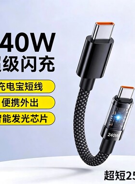 艾昊者240W快充双Type-c数据线充电宝超短线手机小风扇台灯冲电车载短款ctoc编织适用苹果18华为荣耀vivo小米