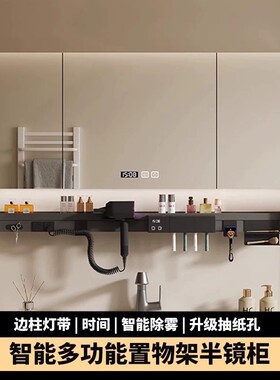 智能浴室镜柜单独挂墙式带灯防雾卫生间镜子前吹风机收纳置物架柜