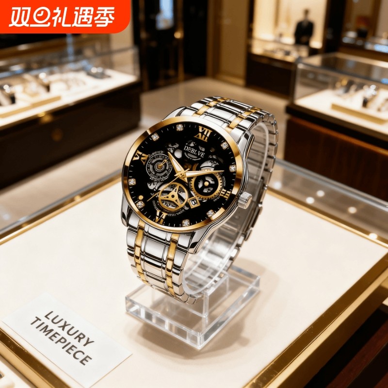 手表男款防水高级感全自动男表数字双日历防水腕表男机械风全自动