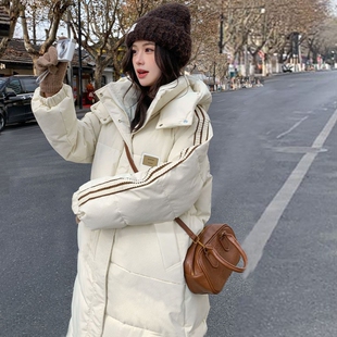 户外白色长款羽绒服女冬2025年新款中长款连帽过膝加厚棉服外套学
