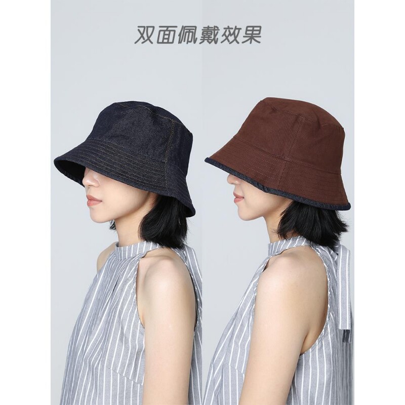 双面新款牛仔帽渔夫帽春夏女户外防晒帽子大头围遮阳盆帽大帽檐