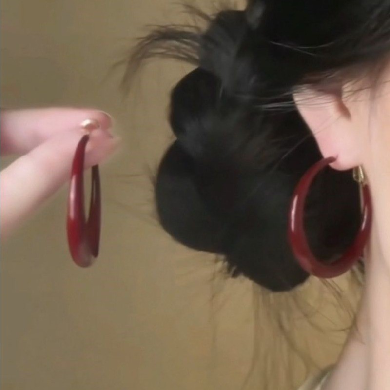 酒红色滴釉圆圈耳环蚊香盘耳夹无耳洞轻奢风气质高级感耳钉耳圈