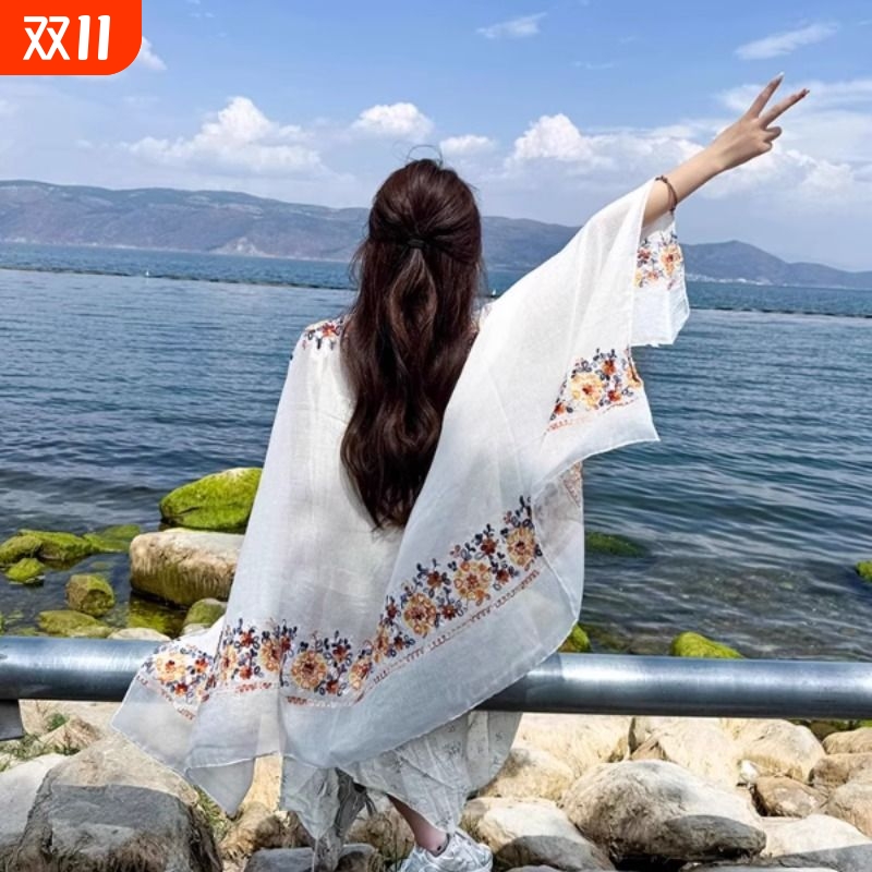 民族风披肩女夏季防晒沙漠旅游披风海边沙滩丝巾薄款红色度假围巾