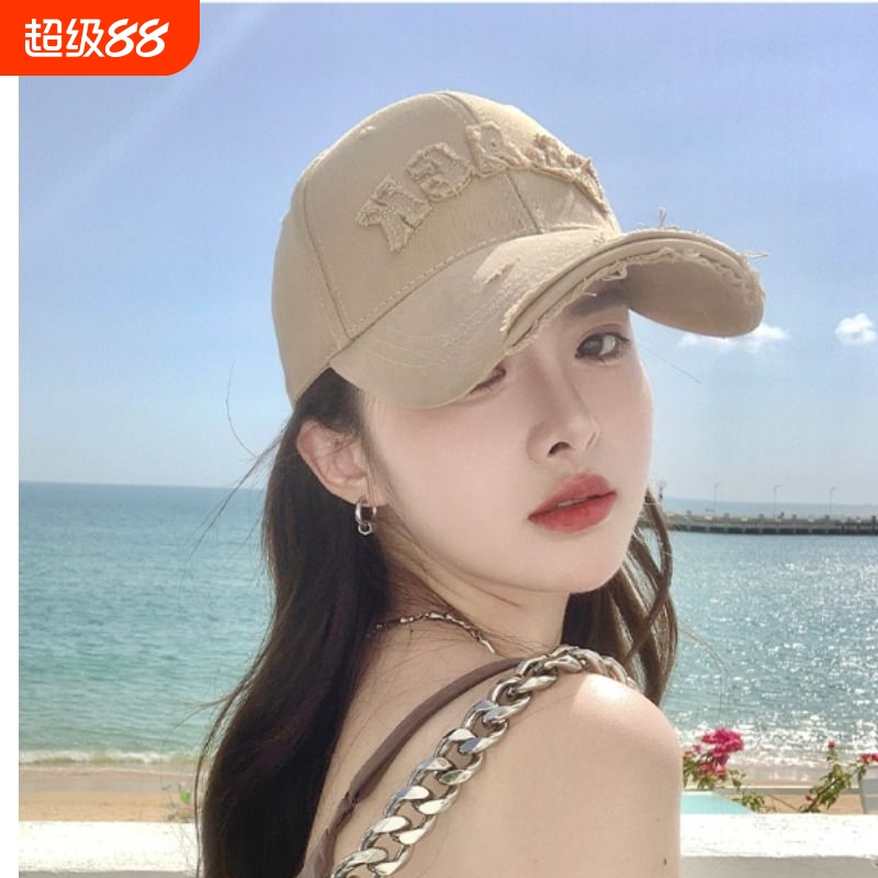 硬顶棒球帽女破洞做旧加大加深大头围显脸小加宽大帽檐鸭舌帽子男