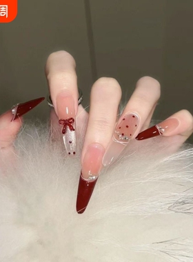 秋冬显白波点法式穿戴甲长款美甲贴片红色椭圆杏仁蝴蝶结带钻固态