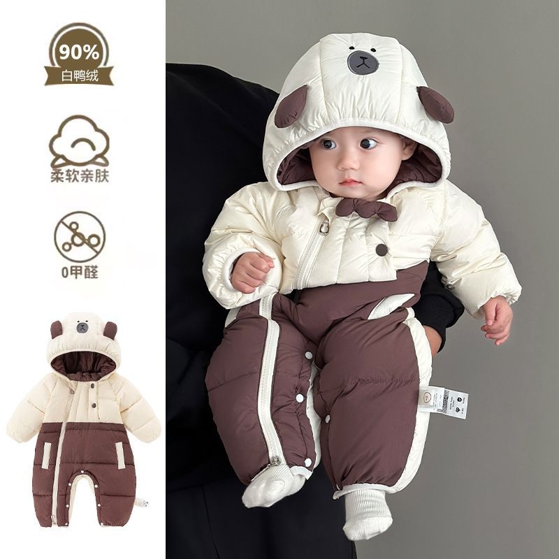 冬季婴儿羽绒连体衣卡通可爱儿保暖加厚外出服满月宝宝羽绒服