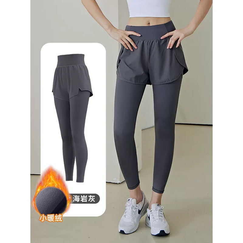 加绒瑜伽裤女高腰提臀假两件健身跑步训练运动长裤外穿专业速干裤