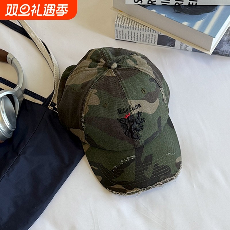 美式复古迷彩棒球帽男街头嘻哈帽子潮牌图腾刺绣字母破洞鸭舌帽女