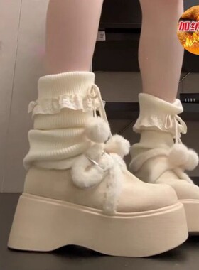 米色增高厚底毛毛鞋棉鞋女冬季加绒加厚勃肯鞋松糕大头保暖雪地靴
