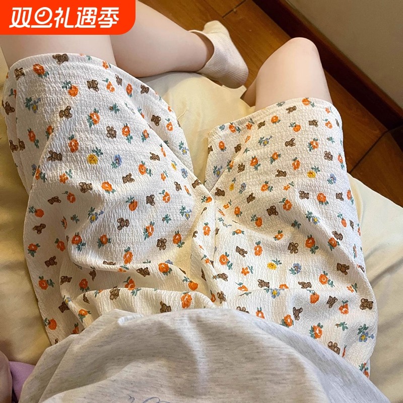 棉绸睡裤女夏季休闲薄款短五分人造棉可外穿卡通大码家居短裤睡衣