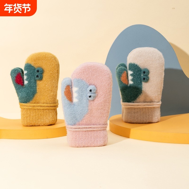 儿童冬季保暖手套 可爱卡通针织挂脖双层加绒加厚连指手套