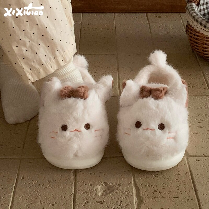 细细条 ins少女心软萌小猫咪棉拖鞋家用防滑学生包跟毛毛鞋女冬季