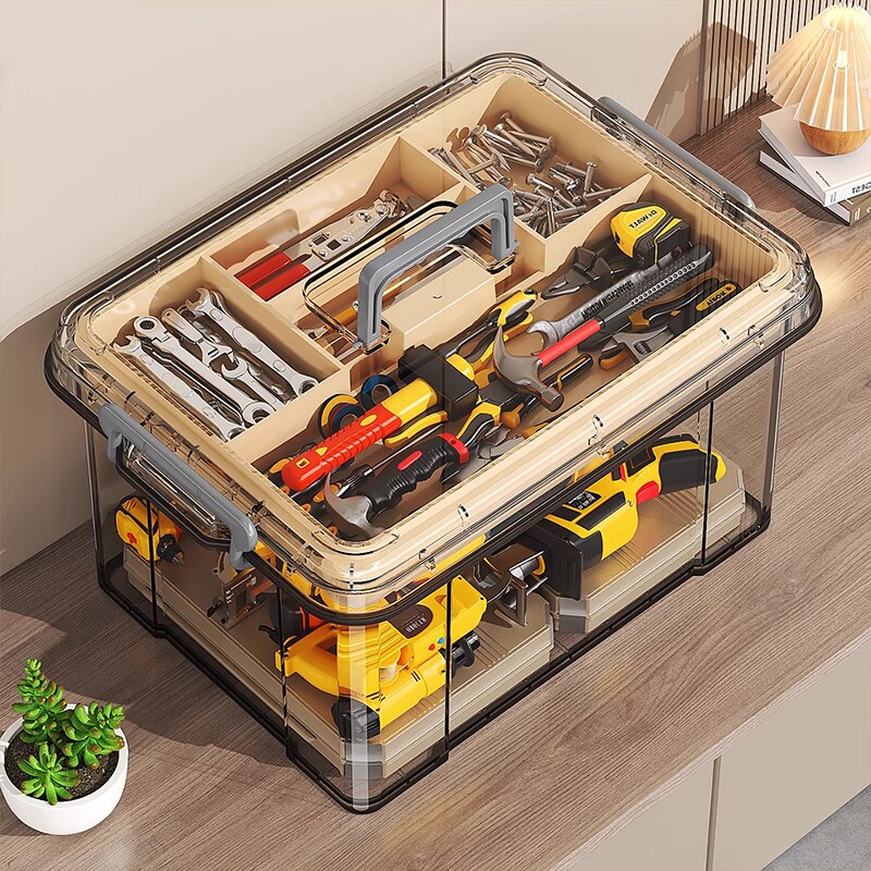 工具箱家用透明双层分格零件收纳盒子多功能手提式五金配件收纳箱