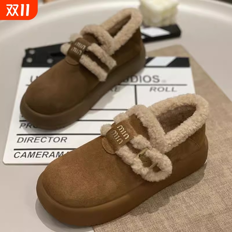 热风圈软皮厚底毛毛鞋女保暖2025冬季新款一脚蹬豆豆鞋加绒勃毛绒