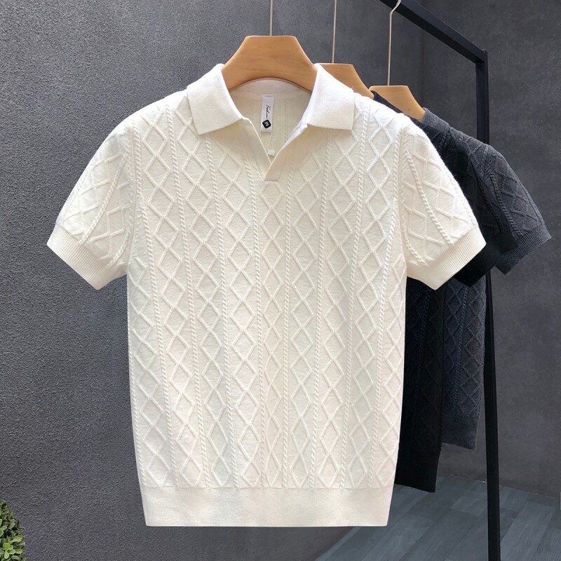 欧洲站夏季新款短袖针织衫男POLO衫V领修身T恤白色黑色收口灰色