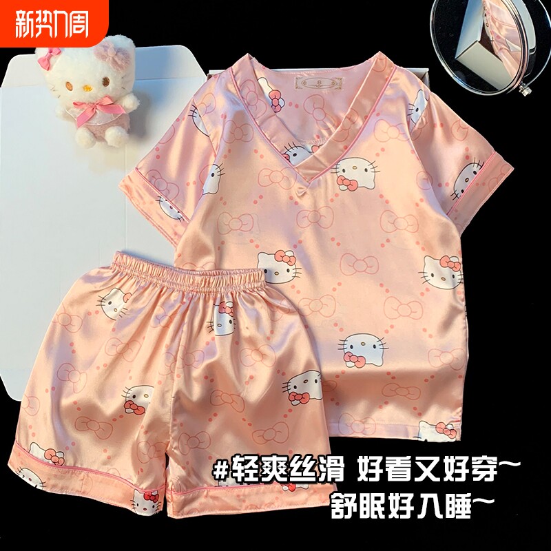 冰丝亲子中大童儿童夏季短袖短裤女孩薄款女童睡衣甜美家居服套装