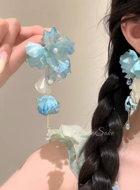 冰萃蓝夏日蓝色花朵流苏耳环女海边度假风夸张耳钉绝美耳饰蝴蝶