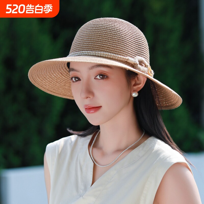 赫本风草帽女夏款大檐海边遮太阳防晒时尚优雅渔夫帽子可折叠